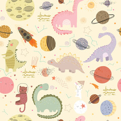 Seamless pattern with dino friends in space. Space sheap, planets, moon, dinosaurs, stars, dots and spots. Vector illustration with cute animal .