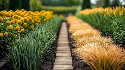 Rows of lush golden plants growing in a neatly arranged garden symbolizing the steady and consistent financial returns and gains  The image evokes a sense of prosperity abundance