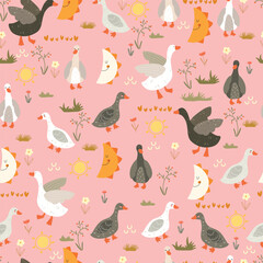 Seamless pattern with ducks, plants, sun, moon and hearts on pink background, doodle. Deamless pattern with cute animal.