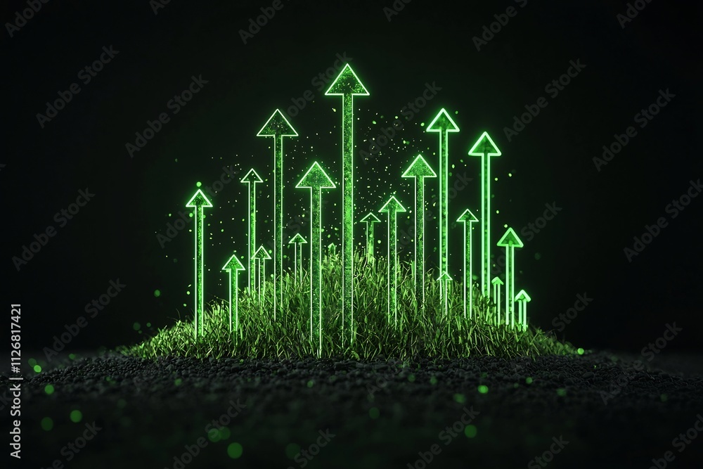 Poster glowing digital investment growth chart with green arrows representing continuous advancement and pr