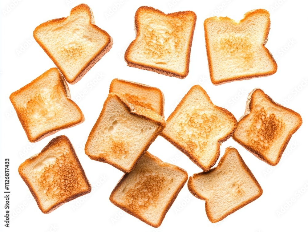 Poster close up of toasted bread with a variety of shapes and sizes. the bread is toasted and has a crispy 