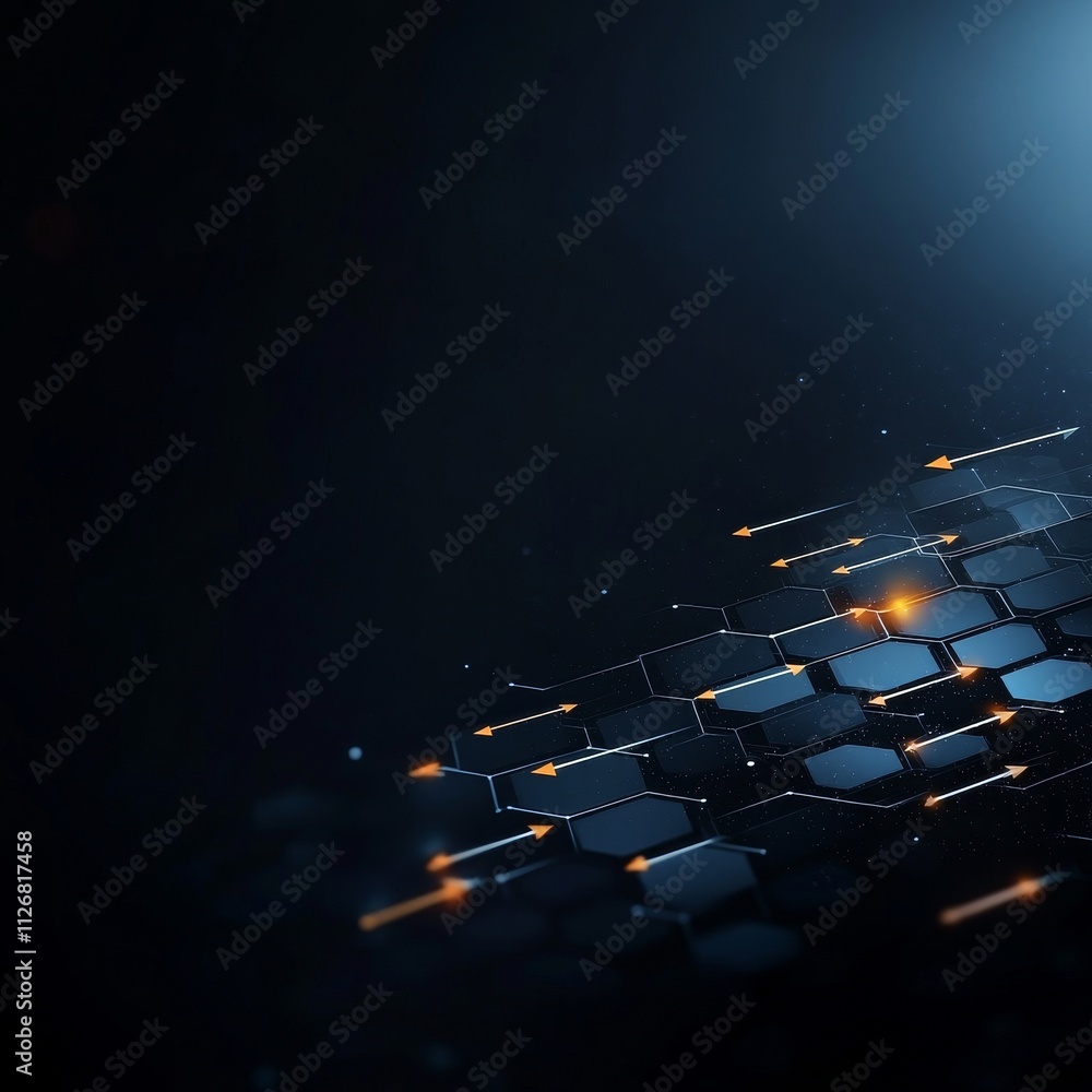 Poster abstract hexagonal pattern with glowing accents on a dark background, perfect for technology, scienc