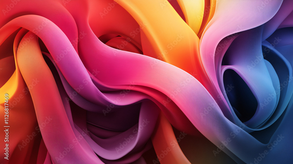 Poster abstract flowing ribbons of color, intertwining and curling in 3d space, with smooth gradients and s