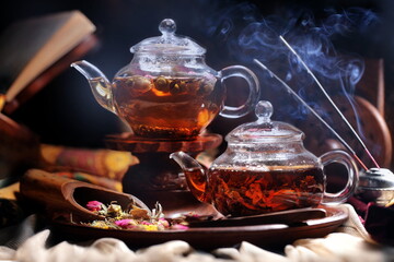 Indian tea with rose petals and incense sticks