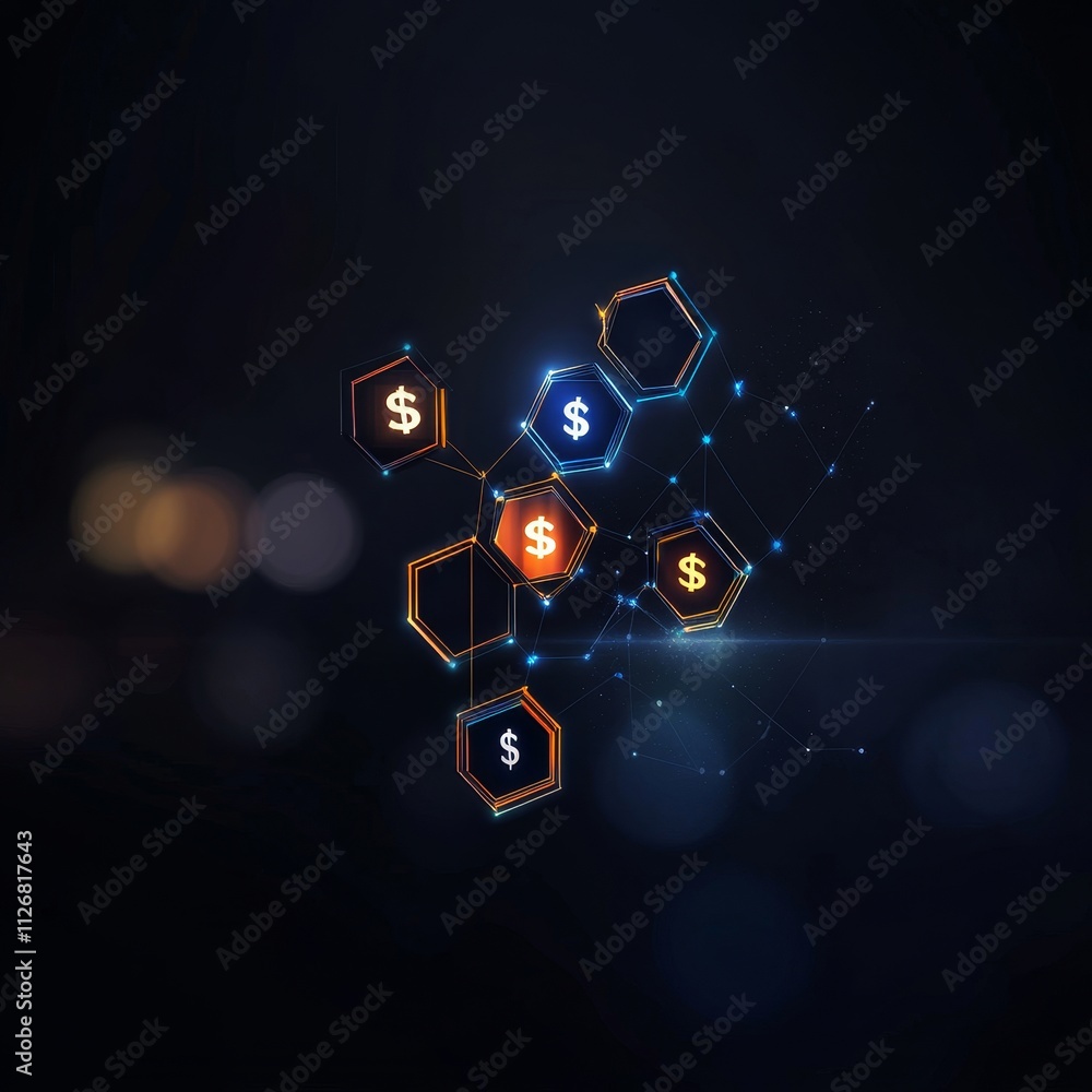 Poster network of hexagonal icons representing finance and digital currency with dollar signs glowing again