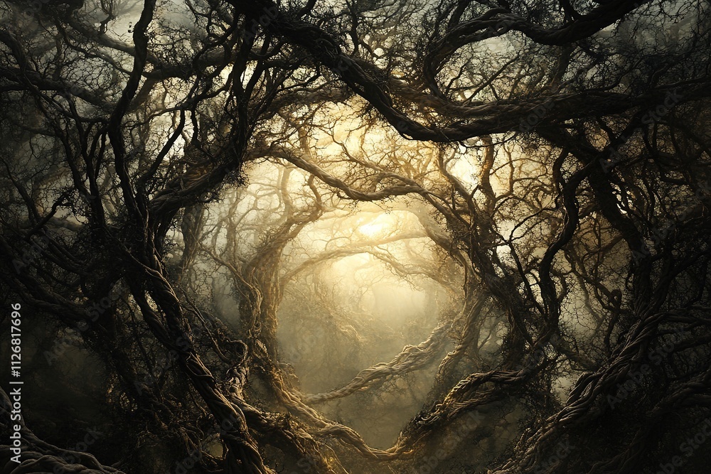 Poster dense web of intertwining branches and vines forming natural labyrinth illuminated by soft ethereal 