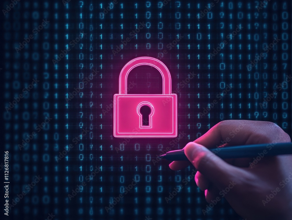 Poster hand writing on digital screen with a glowing lock symbol, representing cybersecurity and data prote