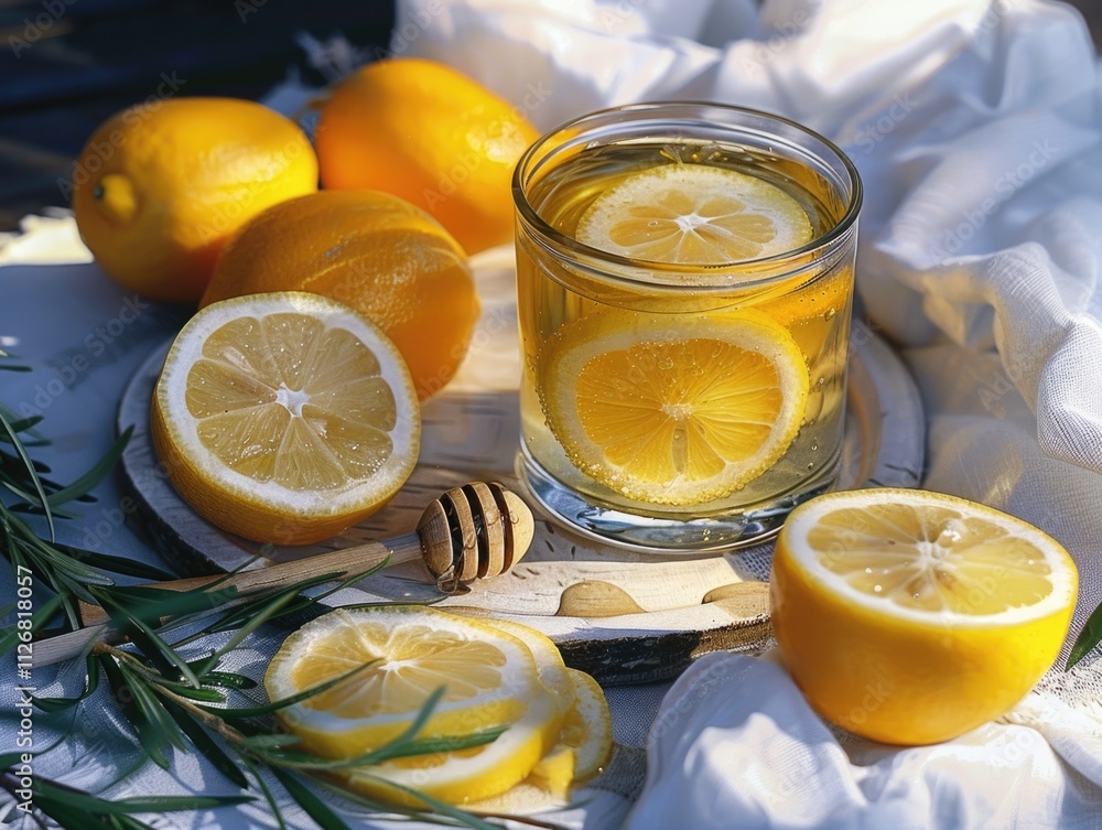 Poster glass of lemonade with a few slices of lemon on a table. scene is refreshing and inviting