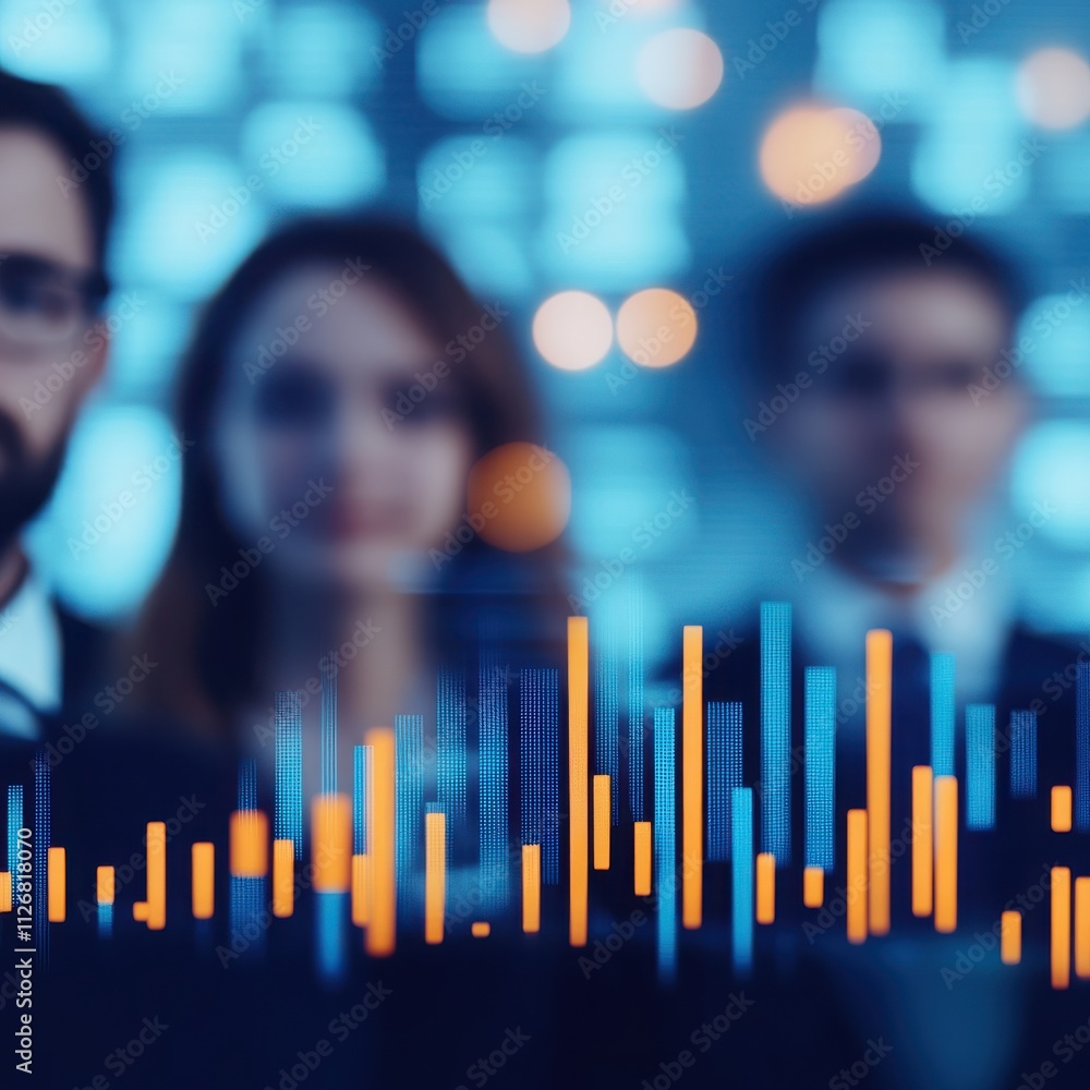 Aufkleber professionals analyzing data metrics with digital graphs in a corporate environment, showcasing team