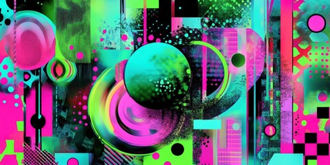 Abstract digital art collage featuring neon pink, green, and blue geometric shapes and patterns.