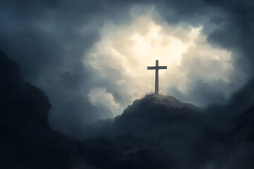 Naklejka premium Holy cross symbolizing the death and resurrection of Jesus Christ with The sky over Golgotha Hill is shrouded in light and clouds