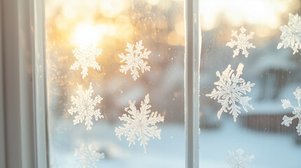 Frosted Windowpane with Snowflakes and Warm Cabin Light