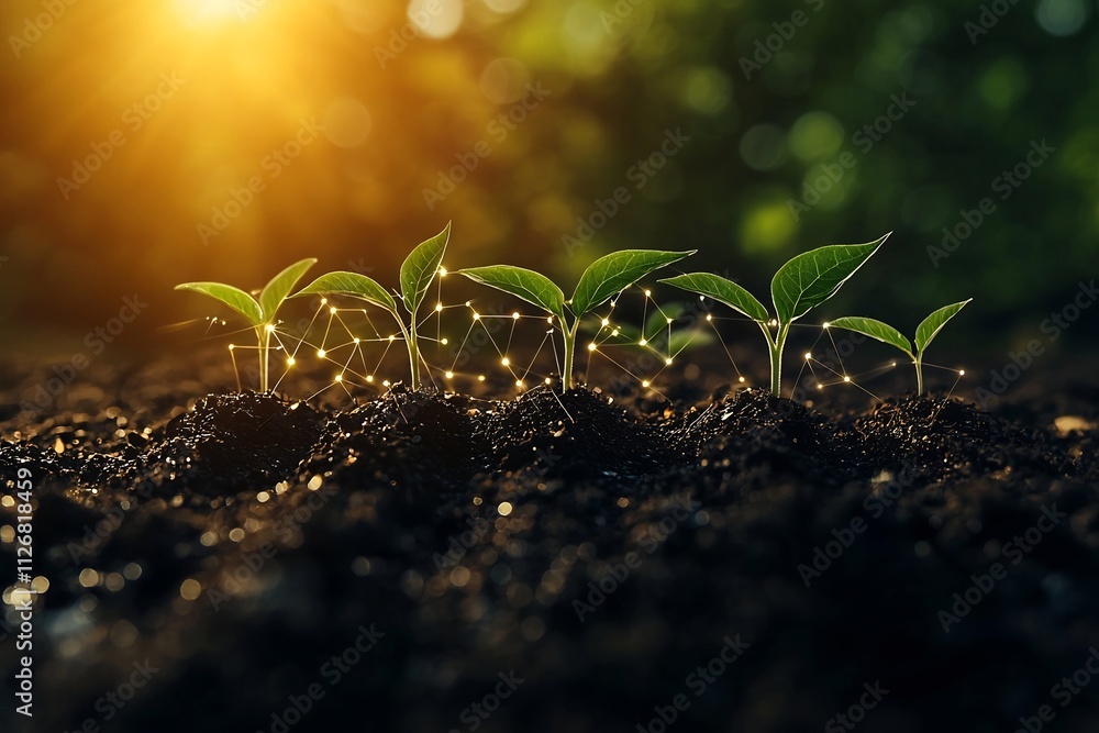 Poster thriving field of growing graphs and charts basking in sunlight symbolizing the stability progress a