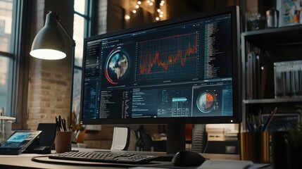 Advanced Data Analytics Workspace with Graphical Visualizations Displayed on a Modern Computer Monitor in a Bright Office Setting