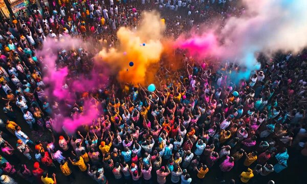 Aerial view of a large crowd of people celebrating a vibrant festival, throwing colorful powder in the air.