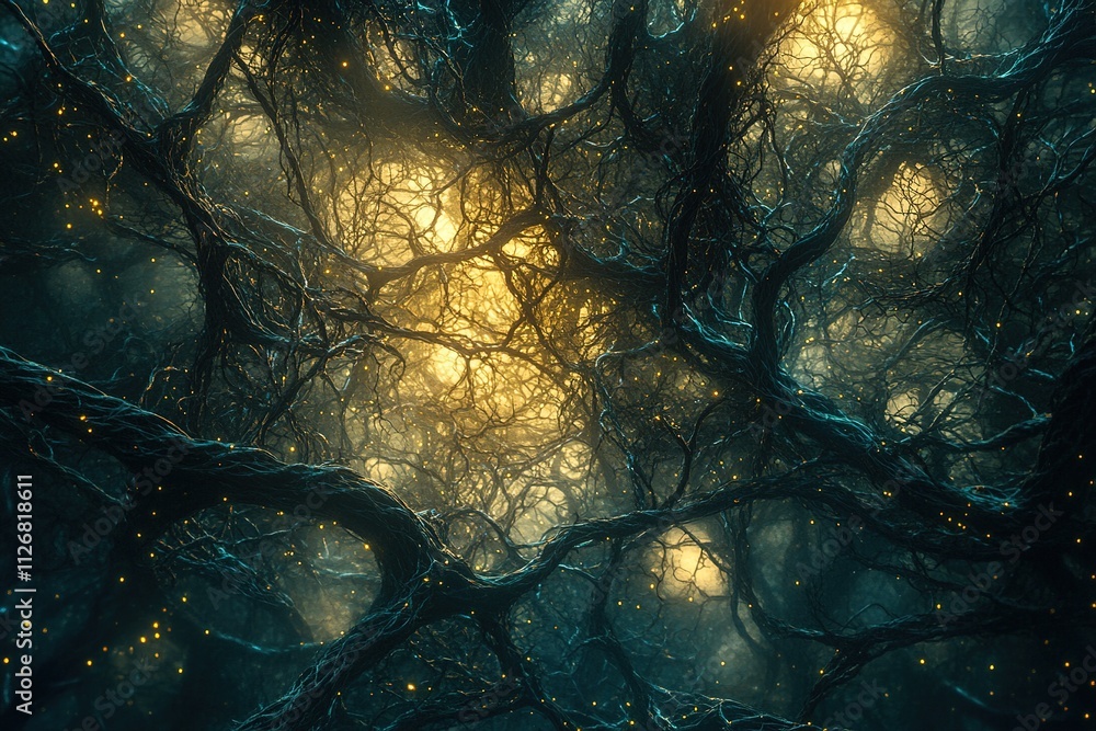 Poster dense web of intertwining branches and vines forming natural labyrinth illuminated by soft ethereal 