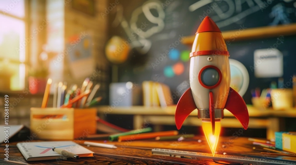 Poster rocket is on a desk in a classroom with a chalkboard behind it. the rocket is red and white and is s