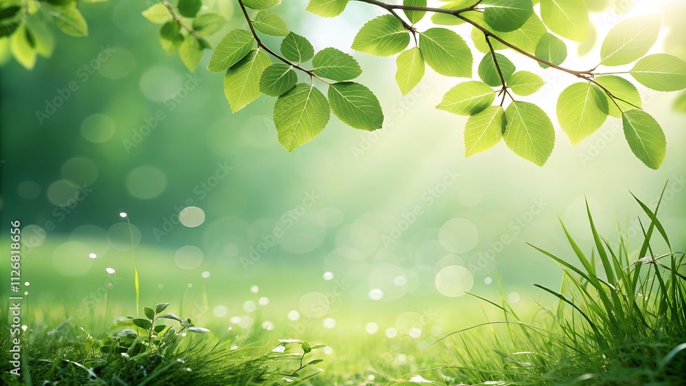 Poster green field with a tree branch in the foreground