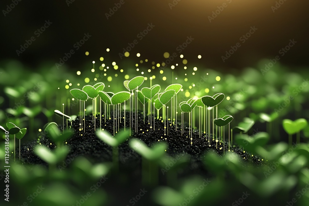 Poster sunlit field of rising graphs and charts symbolizing stable agricultural inspired growth and economi