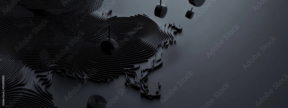 Poster abstract 3d render dark monochrome topographic map design with falling cylinders