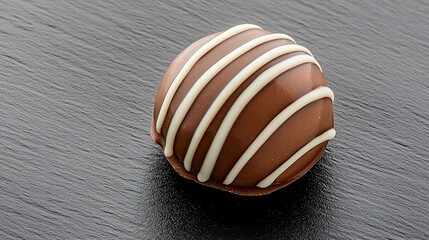 Fototapeta premium A single luxurious chocolate truffle, elegantly placed on a smooth black surface, showcasing its glossy finish and intricate decorations. The rich, dark chocolate contrasts beautifully against the