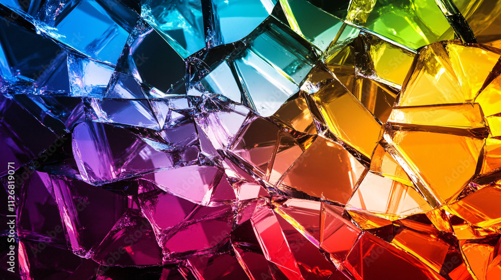 Aufkleber abstract fractured glass effect, with colorful shards breaking apart and reflecting light from diffe