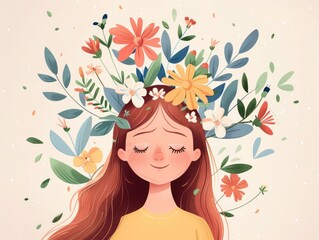 Girl with a flower crown on her head is smiling. The flowers are colorful and the girl is relaxed