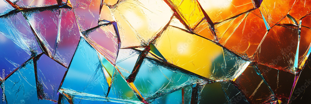 Poster abstract fractured glass effect, with colorful shards breaking apart and reflecting light from diffe