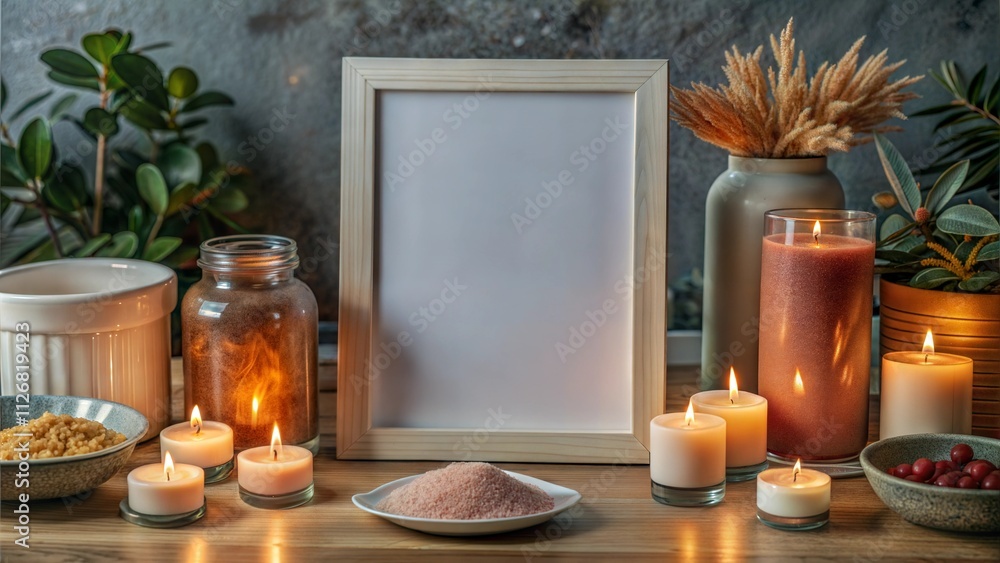 Poster decorative arrangement of candles and natural elements in a serene setting with an empty frame and v