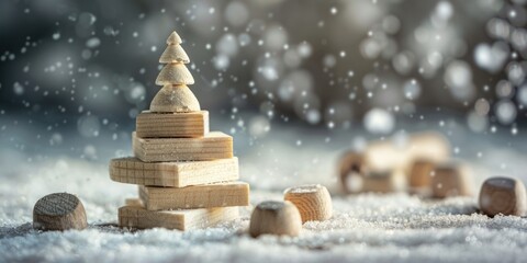 Wooden Christmas tree made of blocks is sitting on a snowy ground. The blocks are stacked on top of each other, creating a unique and festive decoration. Concept of warmth and joy