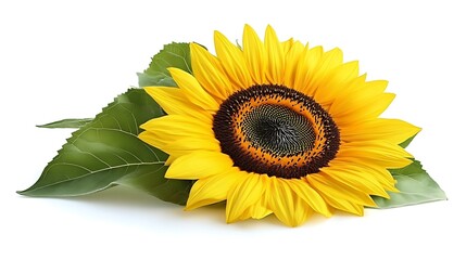 Obraz premium A single sunflower blossom with green leaves rests on a white background