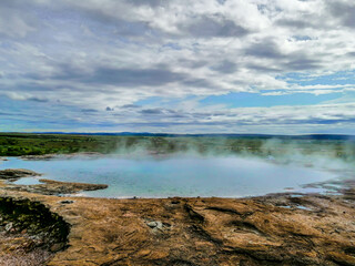 Close view of Strokkur,  a fountain-type geyser located in a geothermal area, Iceland