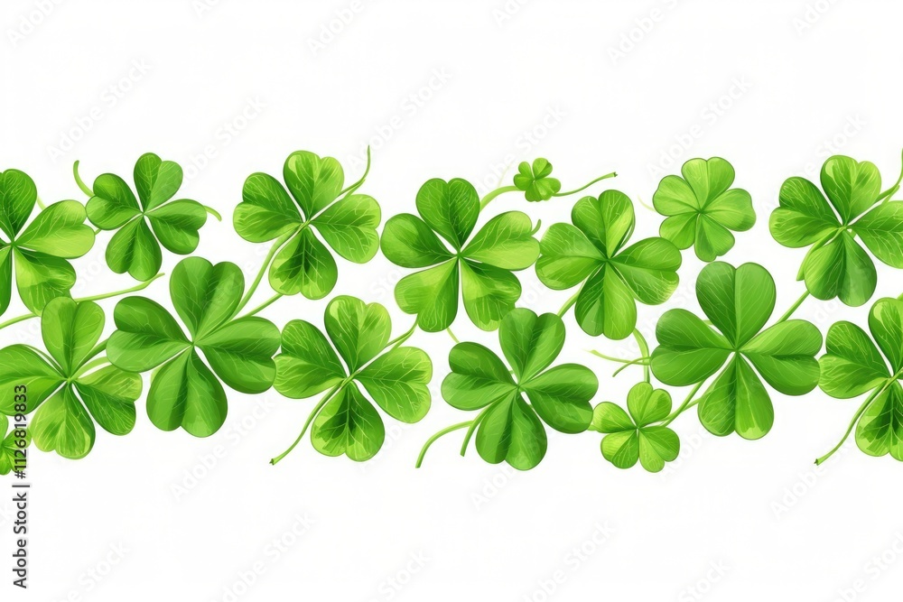 Poster row of green clovers with white background. the clovers are arranged in a line and are all green in 