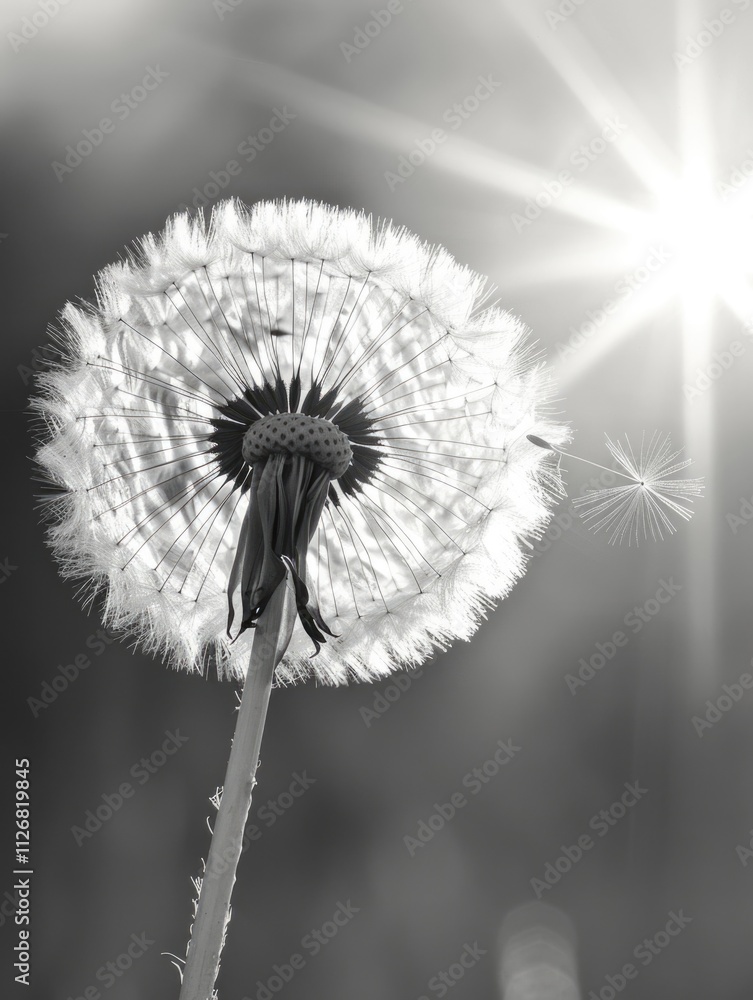 Poster close up of a dandelion with a sun shining on it. the dandelion is the main focus of the image, and 
