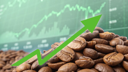 Green Arrow Chart Graph Soar Rising Up on Coffee roast Arabica bean background. Coffee bean Price hike increase in commodity Trading Market, inflation crisis, investment concept