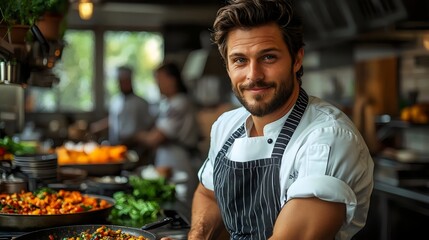 Fototapeta premium A chef is smiling in front of a kitchen counter with a variety of food items