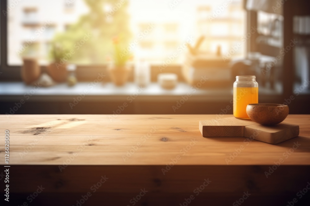 Poster wooden table with a jar of honey and a bowl of honey on it. the jar is half full and the bowl is emp