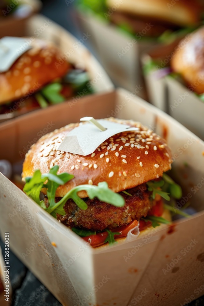 Poster burger with a piece of cheese on top of it. the burger is in a paper container