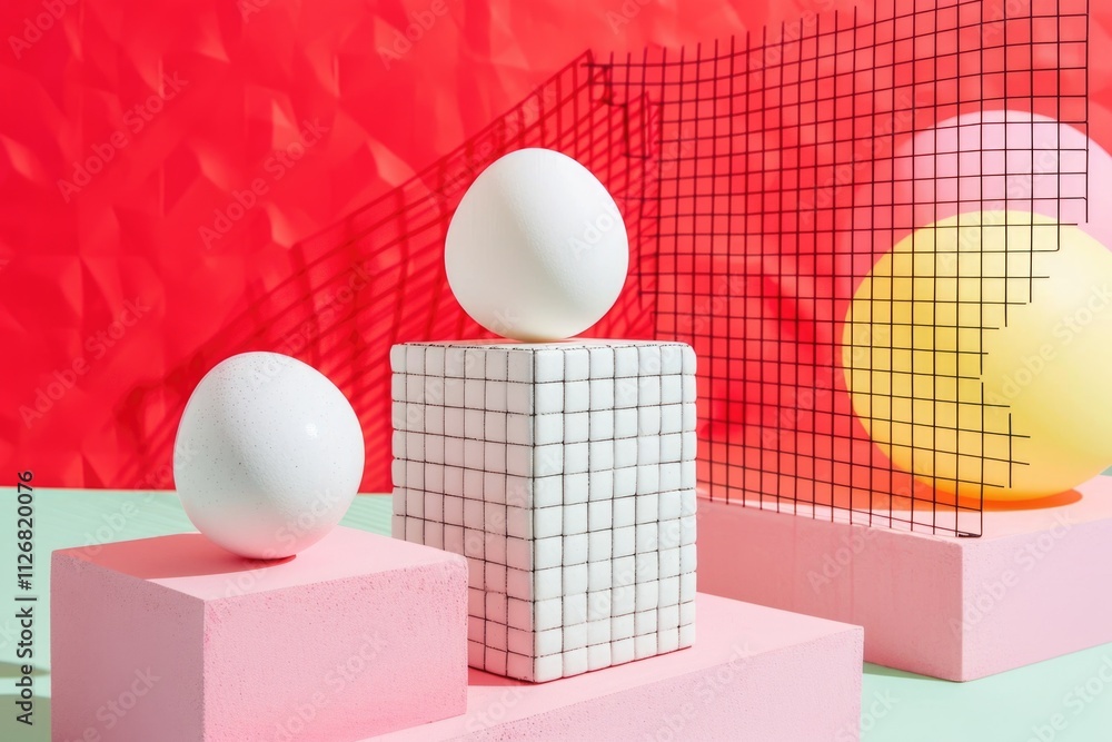 Poster white cube with two white balls on top of it. the balls are placed on top of a pink block