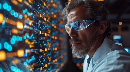 Focused Scientist Analyzing Big Data on Transparent Screen, Futuristic Laboratory Research