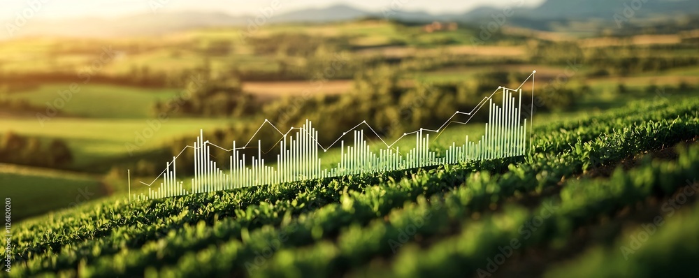 Poster lush green fields with ascending financial charts and graphs embedded within the natural landscape s