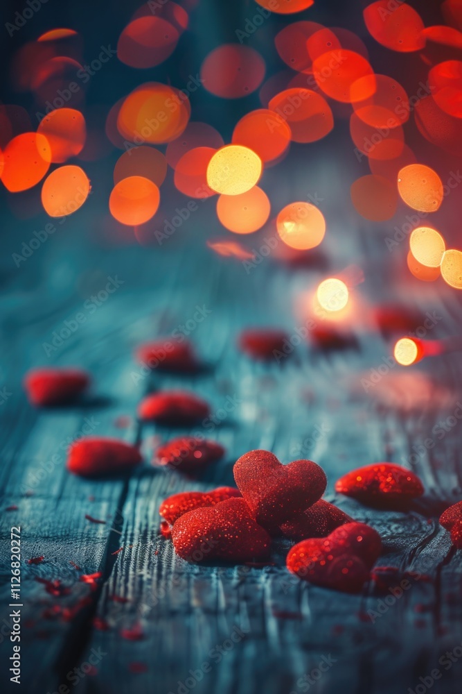 Poster close up of a wooden table with a pile of red hearts on it. the table is surrounded by a blurry back