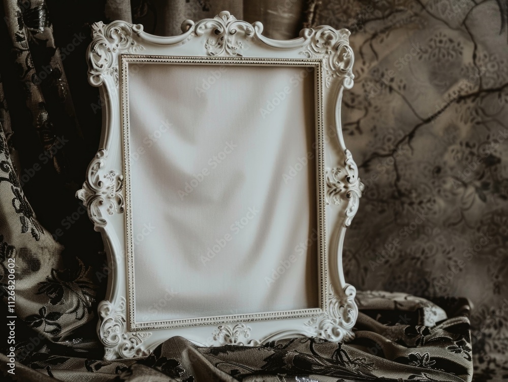 Aufkleber white frame with a white cloth in front of it. the frame is empty and the cloth is black