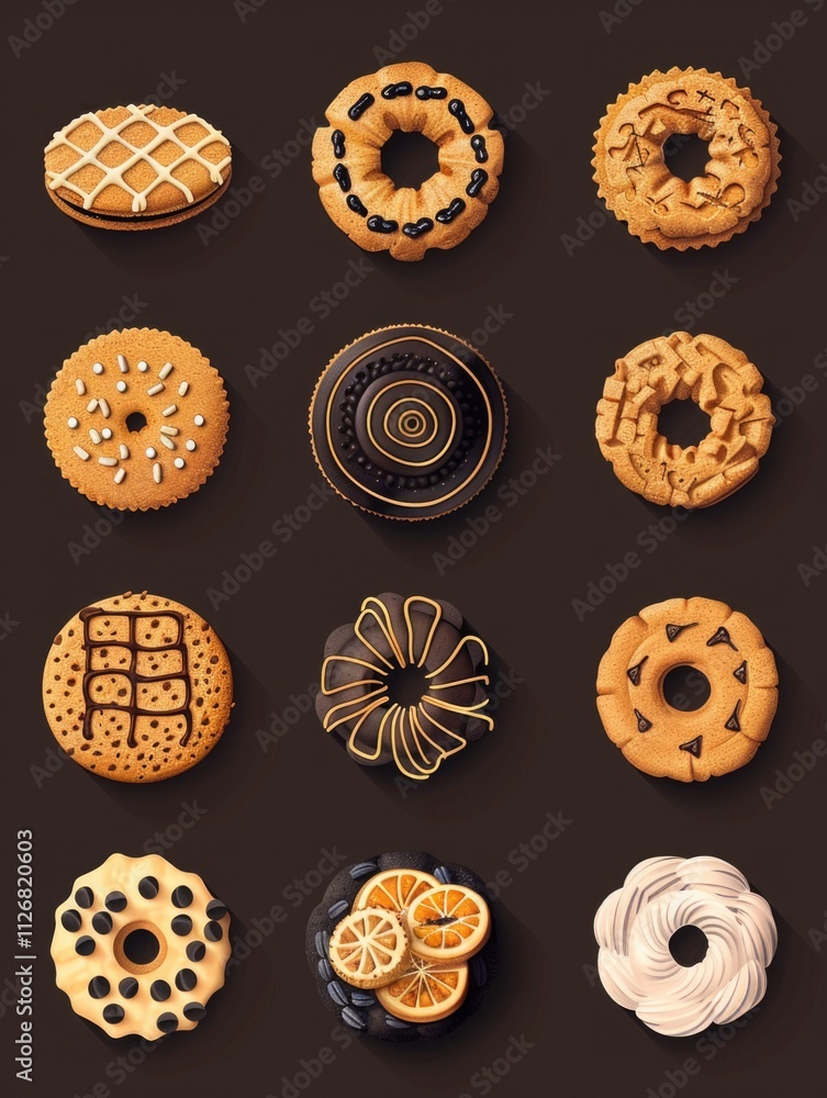 Aufkleber collection of donuts with various toppings and designs. the donuts are arranged in a grid, with some