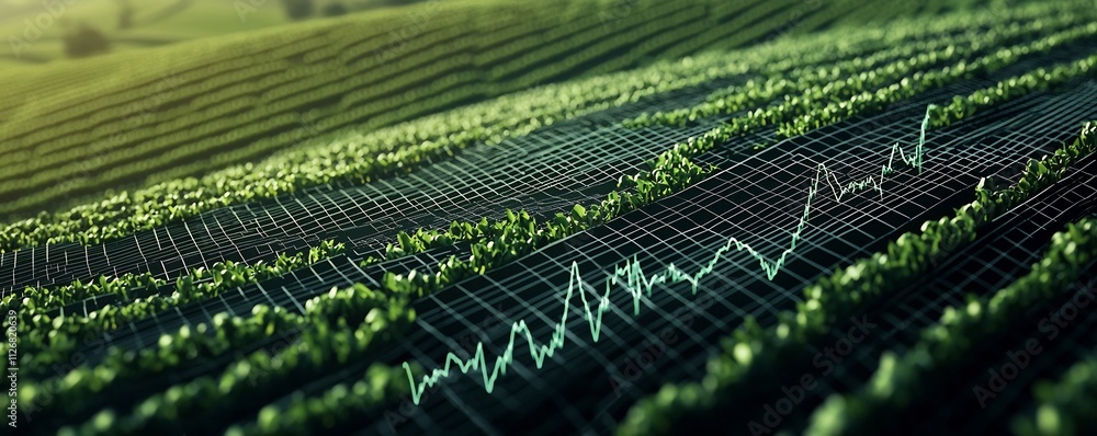 Poster lush green fields with ascending financial charts and graphs embedded in the natural landscape symbo