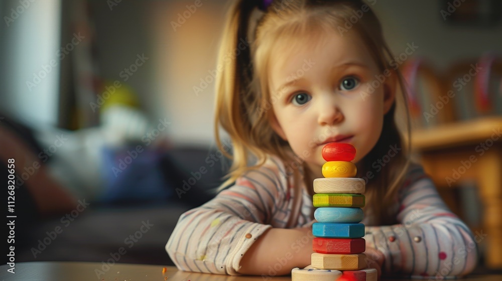 Poster little girl is sitting on a table with a stack of wooden blocks. she is looking at the blocks and sh
