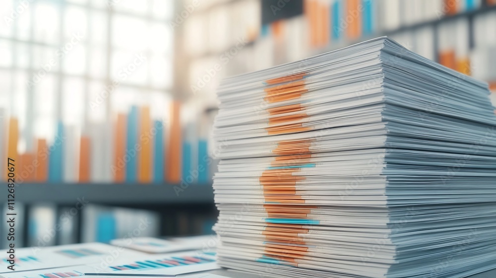 Poster stacks of financial papers and documents in 3d of business assets and data analysis