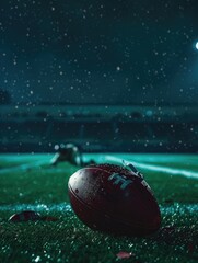 Naklejka premium Football is on the field with snow on it. The field is lit up and the football is wet