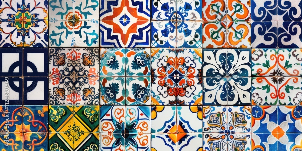 Aufkleber mosaic of tiles with a variety of colors and patterns. the tiles are arranged in a grid, with some o
