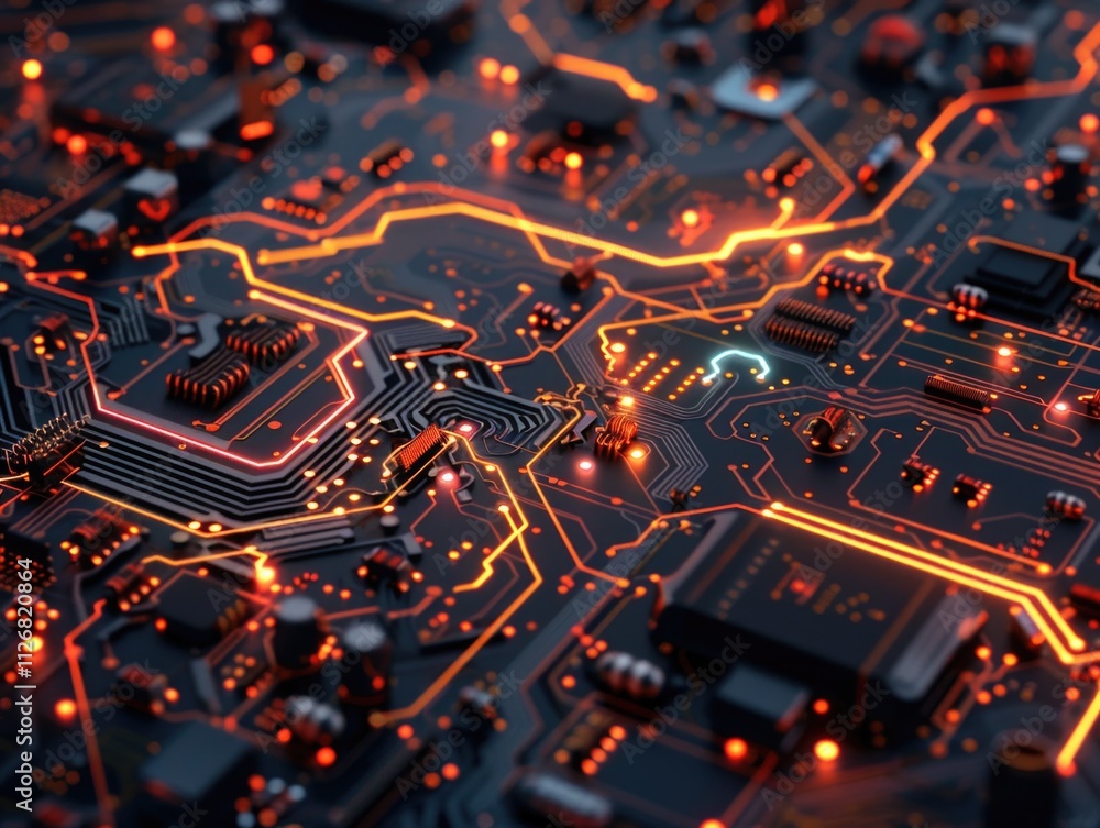 Poster close up of a circuit board with many small orange lights. concept of complexity and intricacy, as w